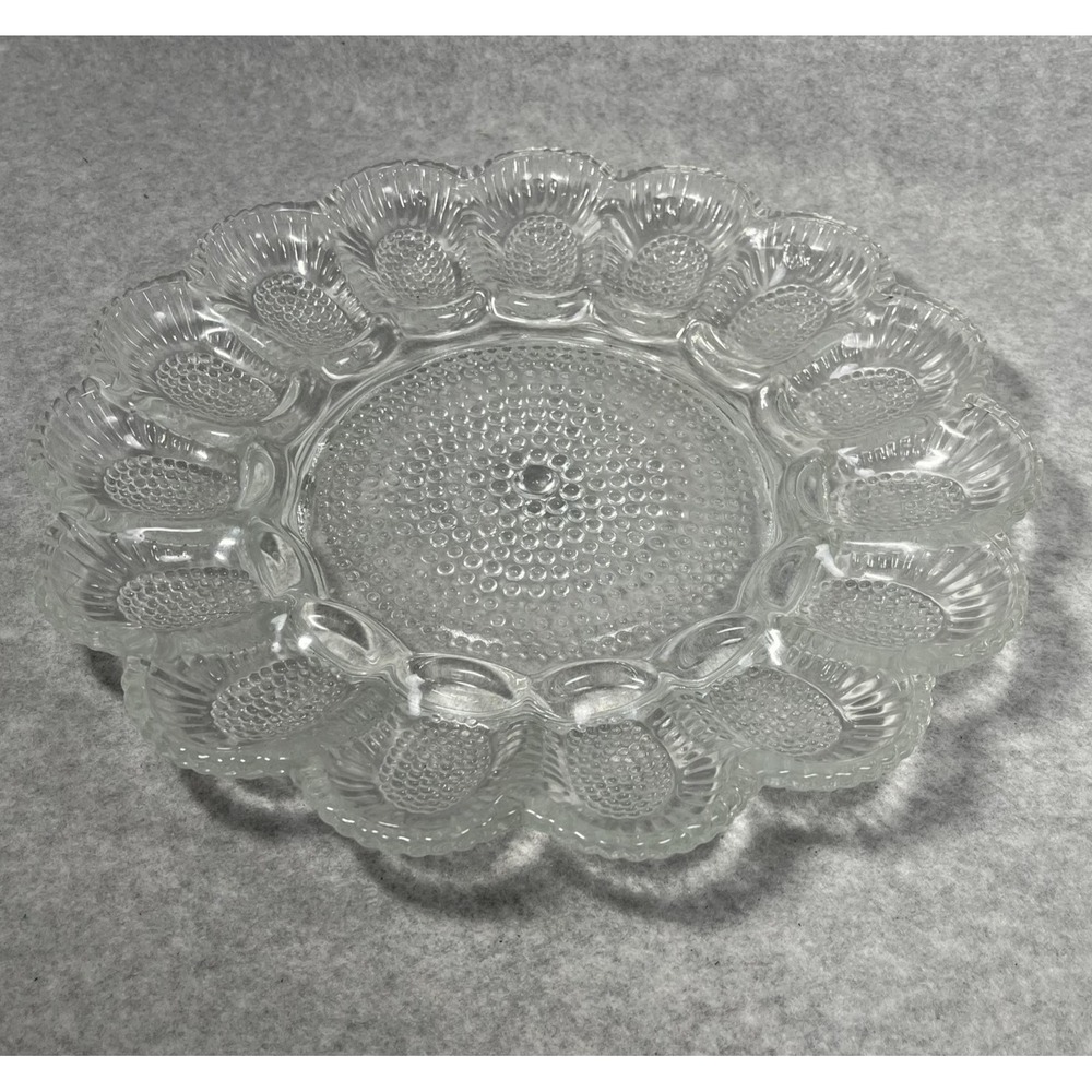 VTG Clear Glass Deviled Egg Plate 11" Hobnail Scalloped Edge Snack Tray Indiana? - Picture 9 of 10